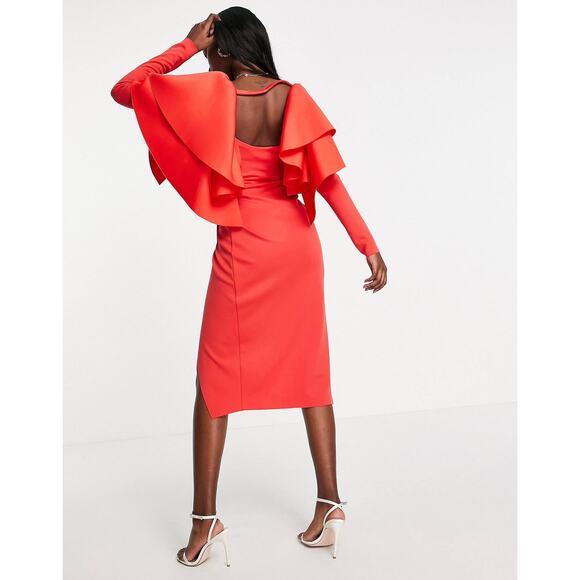 ASOS Design Womens Extreme Ruffle Shoulder Midi Dress Hot Red 2 Maximalist Bold - Picture 2 of 12